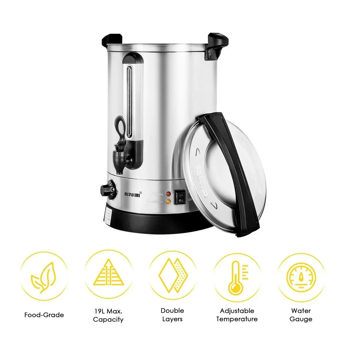 Maxkon  19L Water Dispenser Urn Instant Hot Cold Coffee Maker Machine Tea Kettle Home Commercial Stainless Steel with Tap