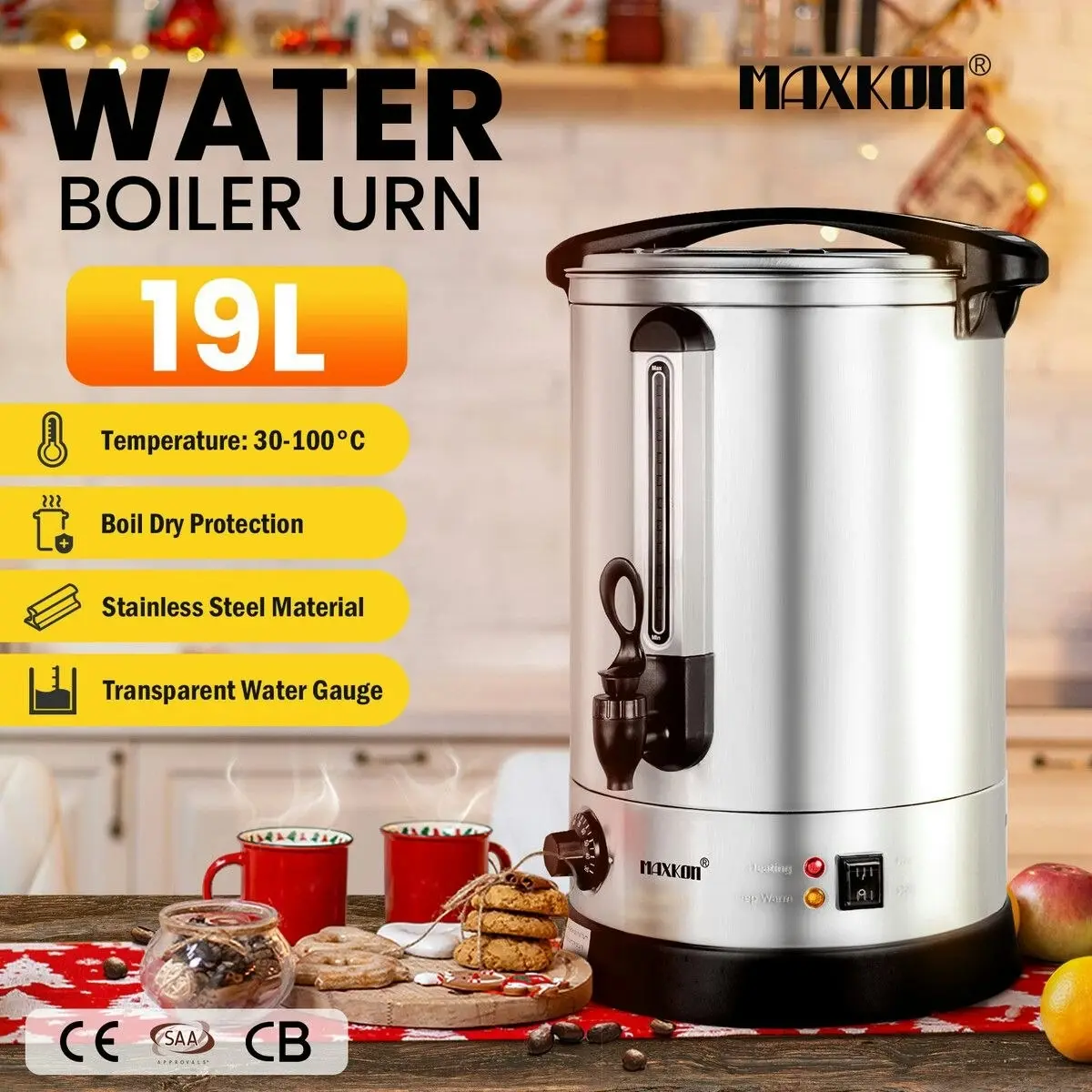 Maxkon  19L Water Dispenser Urn Instant Hot Cold Coffee Maker Machine Tea Kettle Home Commercial Stainless Steel with Tap