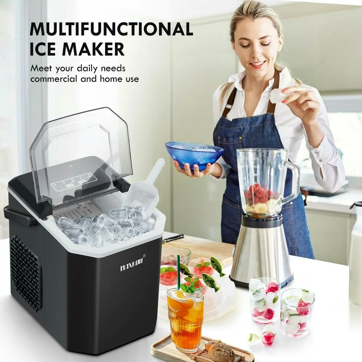 Maxkon  Ice Cube Maker Portable Making Machine Freezer Countertop Commercial Home Kitchen House Appliance Bullet Self Cleaning 12kg with Handle