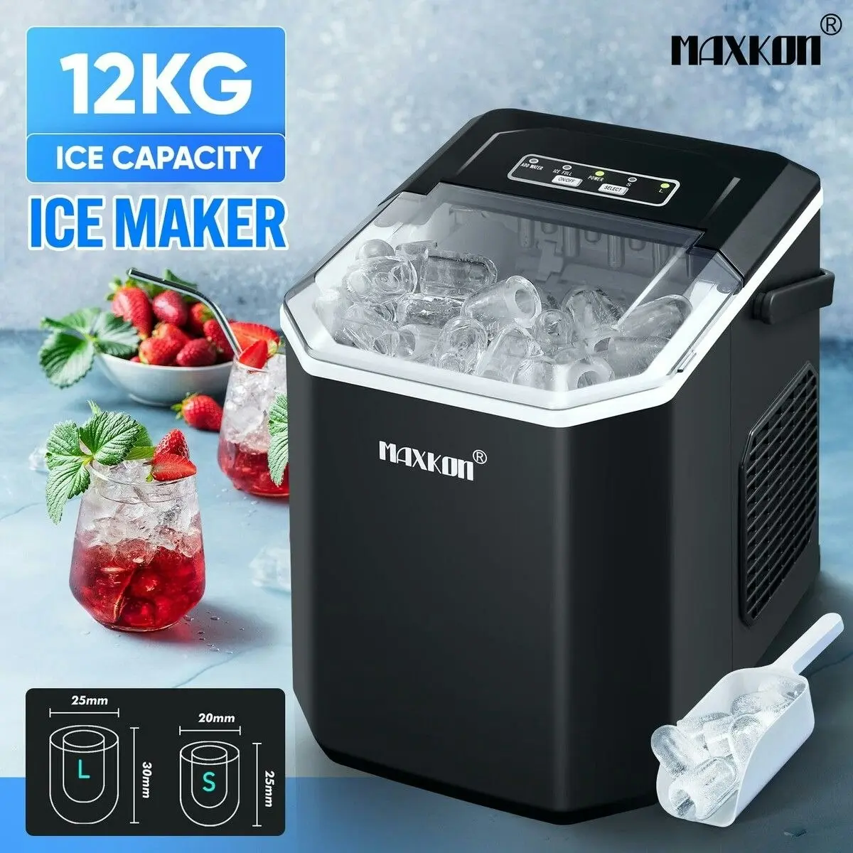 Maxkon  Ice Cube Maker Portable Making Machine Freezer Countertop Commercial Home Kitchen House Appliance Bullet Self Cleaning 12kg with Handle