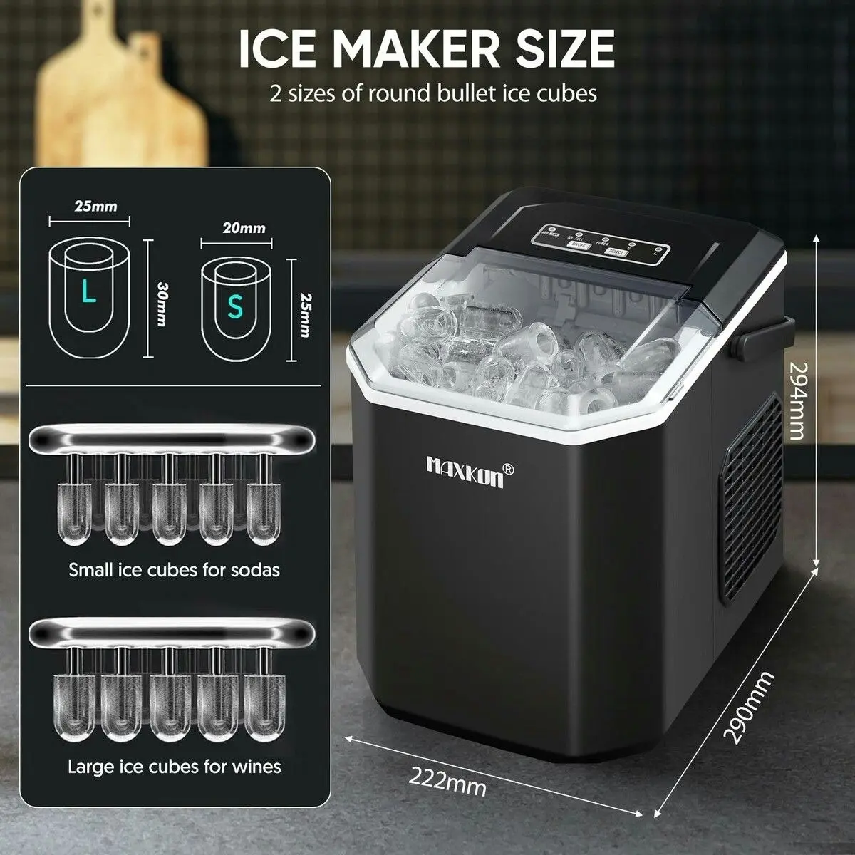 Maxkon  Ice Cube Maker Portable Making Machine Freezer Countertop Commercial Home Kitchen House Appliance Bullet Self Cleaning 12kg with Handle