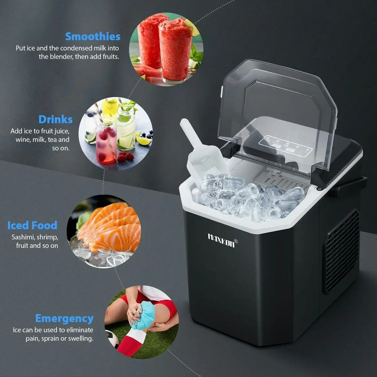 Maxkon  Ice Cube Maker Portable Making Machine Freezer Countertop Commercial Home Kitchen House Appliance Bullet Self Cleaning 12kg with Handle