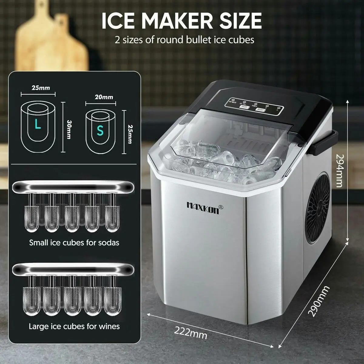 Maxkon  12kg Ice Maker Portable Cube Making Machine Freezer Countertop Home Kitchen Commercial House Appliance Self Cleaning Stainless Steel with Handle