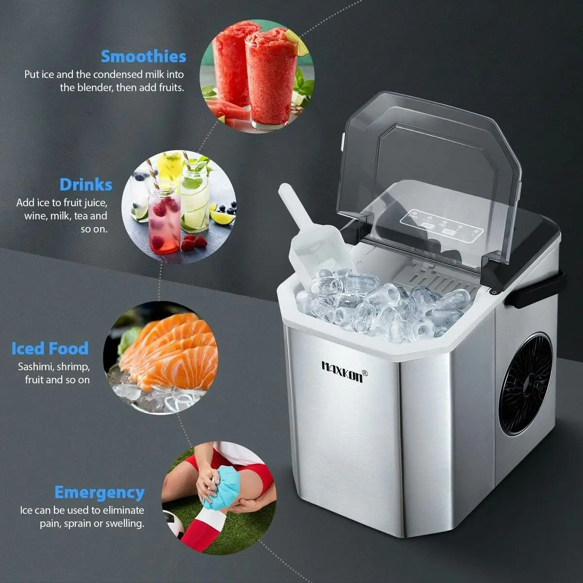 Maxkon  12kg Ice Maker Portable Cube Making Machine Freezer Countertop Home Kitchen Commercial House Appliance Self Cleaning Stainless Steel with Handle