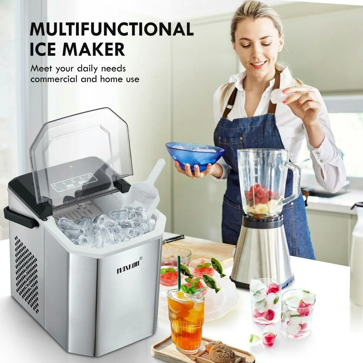 Maxkon  12kg Ice Maker Portable Cube Making Machine Freezer Countertop Home Kitchen Commercial House Appliance Self Cleaning Stainless Steel with Handle