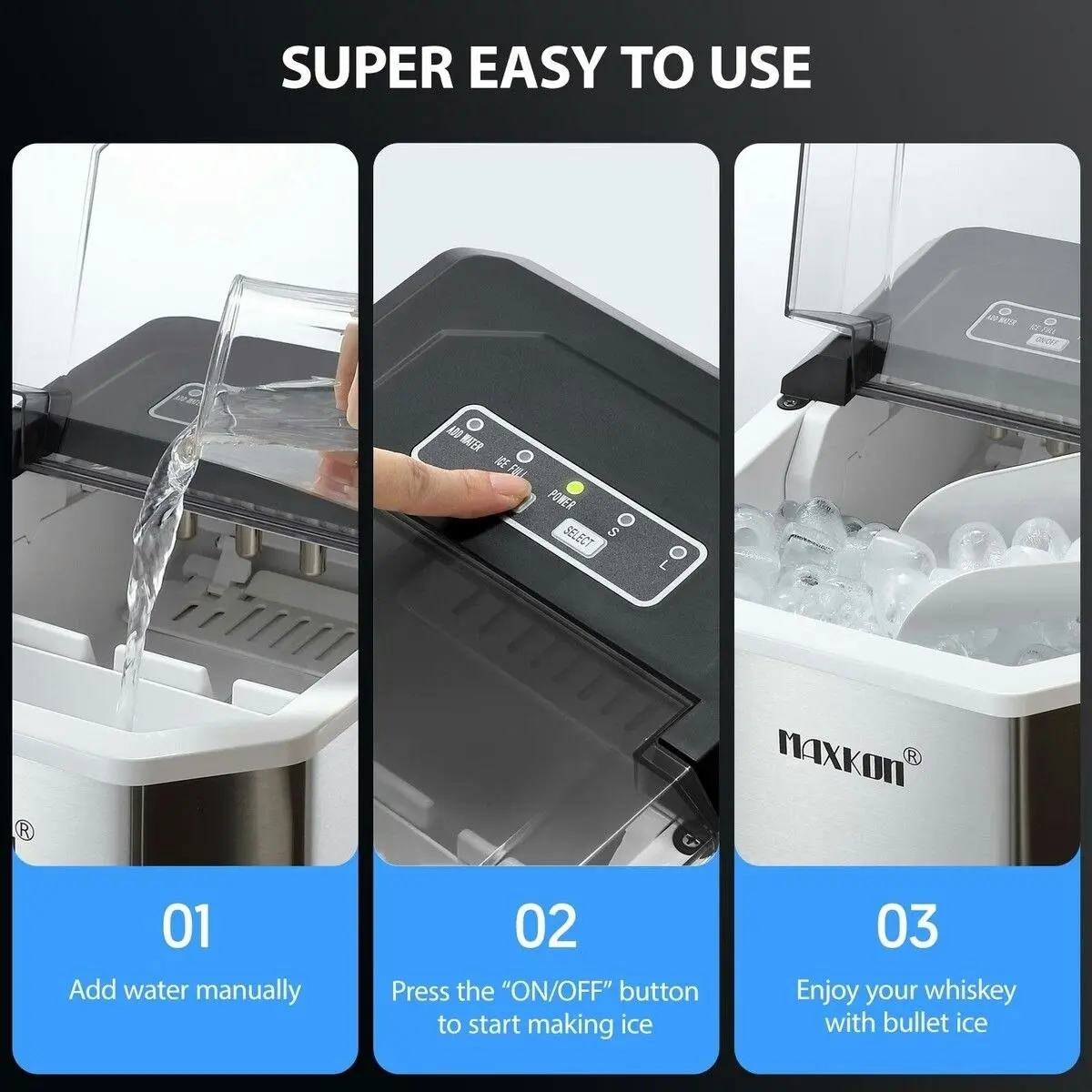 Maxkon  12kg Ice Maker Portable Cube Making Machine Freezer Countertop Home Kitchen Commercial House Appliance Self Cleaning Stainless Steel with Handle