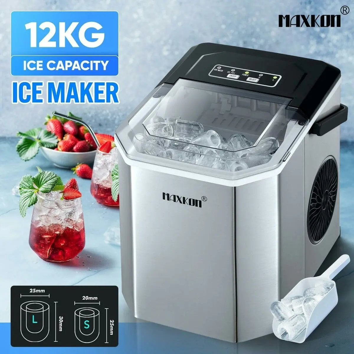 Maxkon  12kg Ice Maker Portable Cube Making Machine Freezer Countertop Home Kitchen Commercial House Appliance Self Cleaning Stainless Steel with Handle