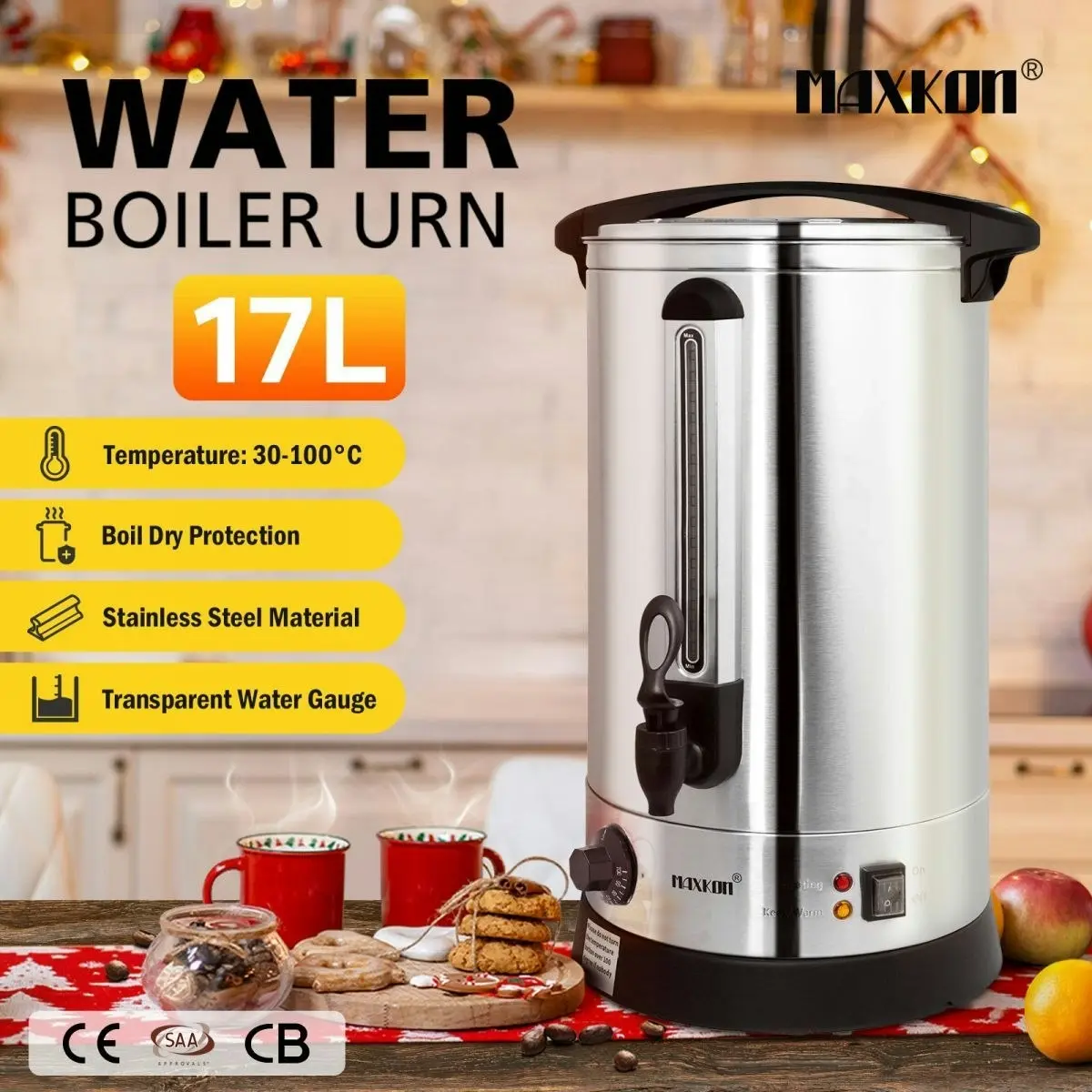 Maxkon  17L Water Urn Dispenser Kettle Instant Hot Cold Coffee Tea Maker Machine Home Commercial Camping Boiler Stainless Steel with Tap