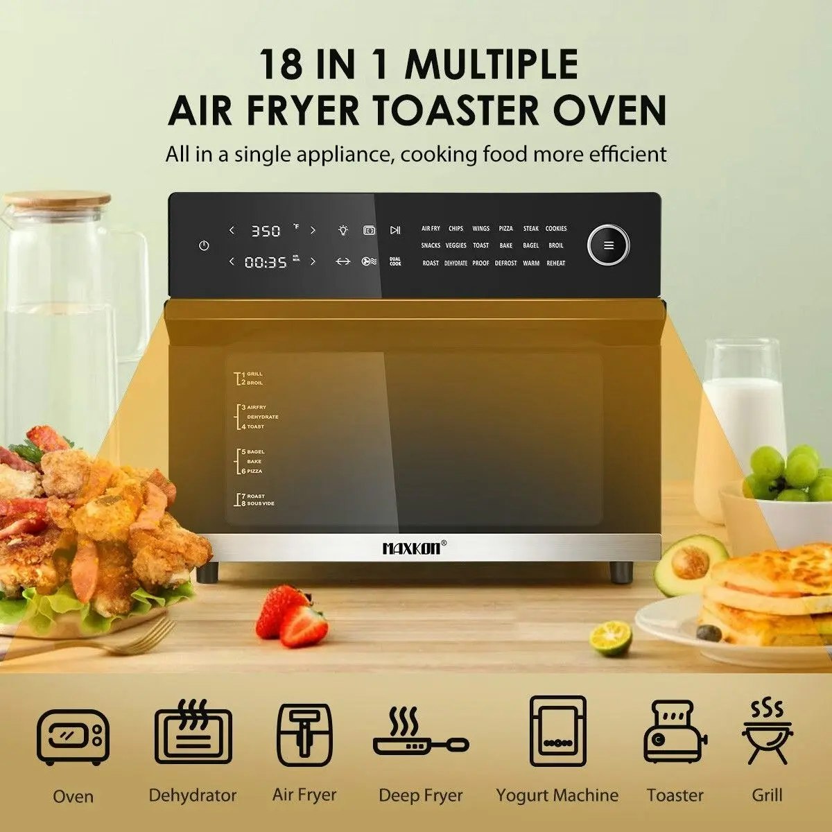 Maxkon  30L 18-In-1 Large Oil Free Air Fryer Convection Oven Cooker 1800W Dual Cook Function Black