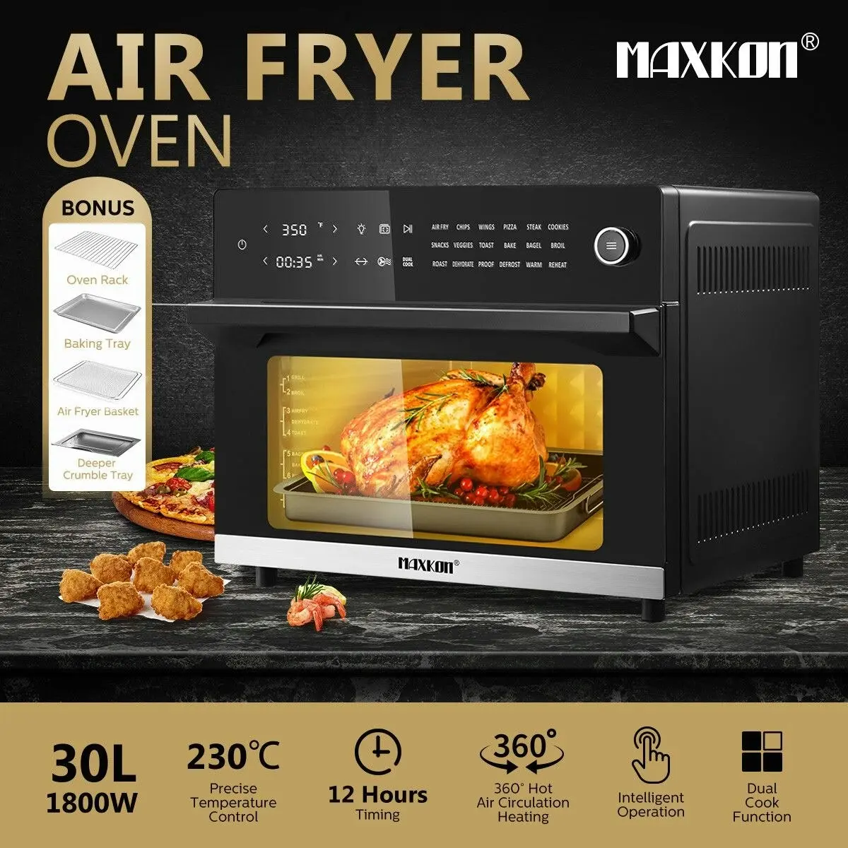 Maxkon  30L 18-In-1 Large Oil Free Air Fryer Convection Oven Cooker 1800W Dual Cook Function Black