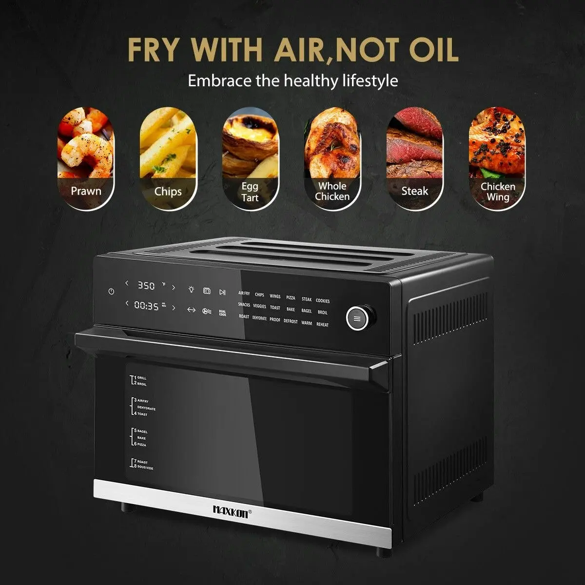 Maxkon  30L 18-In-1 Large Oil Free Air Fryer Convection Oven Cooker 1800W Dual Cook Function Black