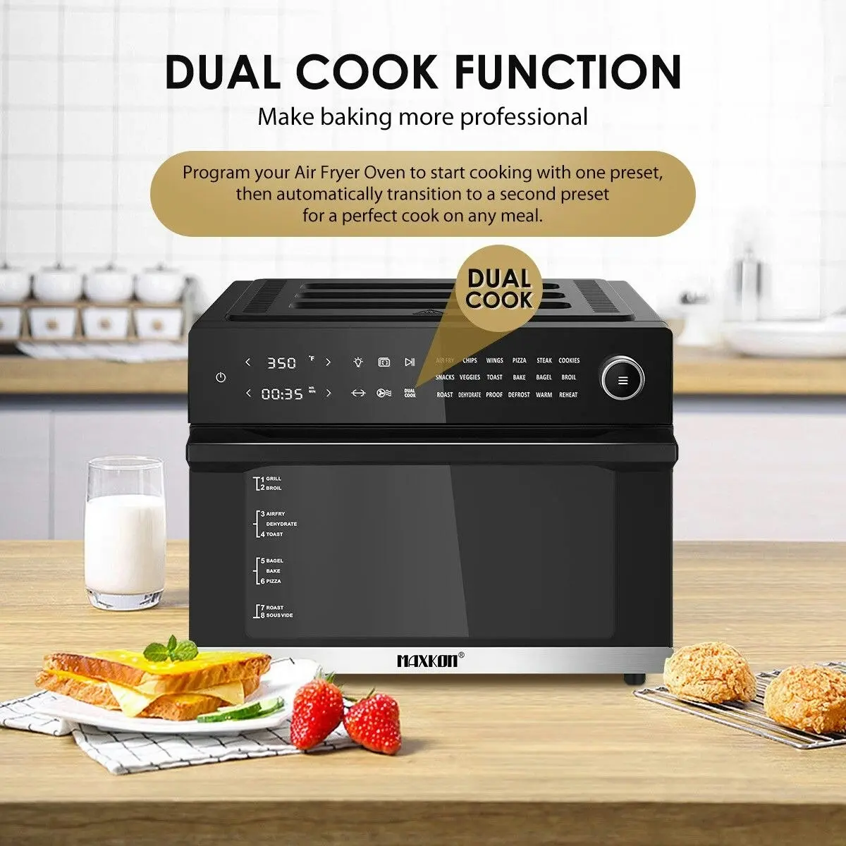 Maxkon  30L 18-In-1 Large Oil Free Air Fryer Convection Oven Cooker 1800W Dual Cook Function Black