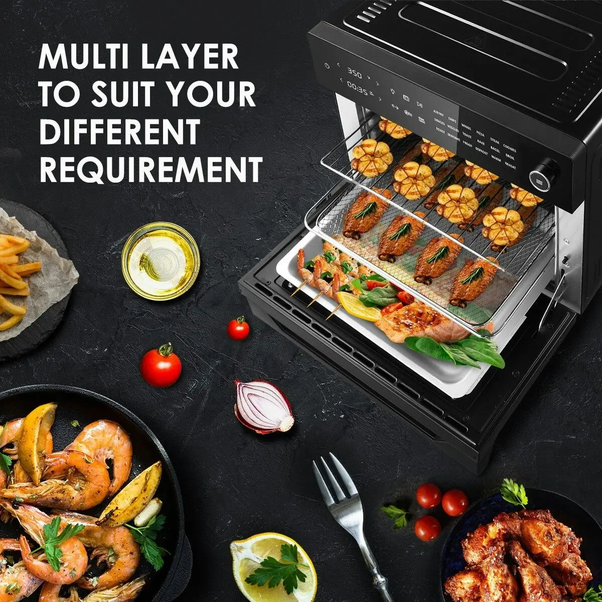 Maxkon  30L 18-In-1 Large Oil Free Air Fryer Convection Oven Cooker 1800W Dual Cook Function Black