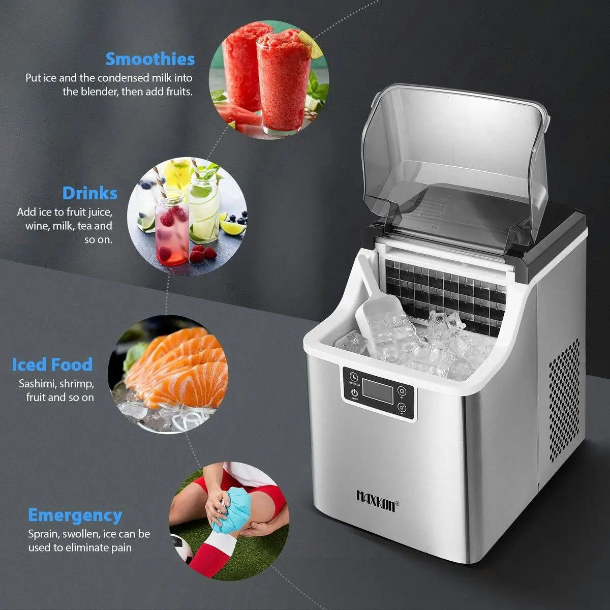 Maxkon 20kg Ice Maker Machine Clear Cube Making Countertop Home Commercial 2 Water Filling Methods Stainless Steel