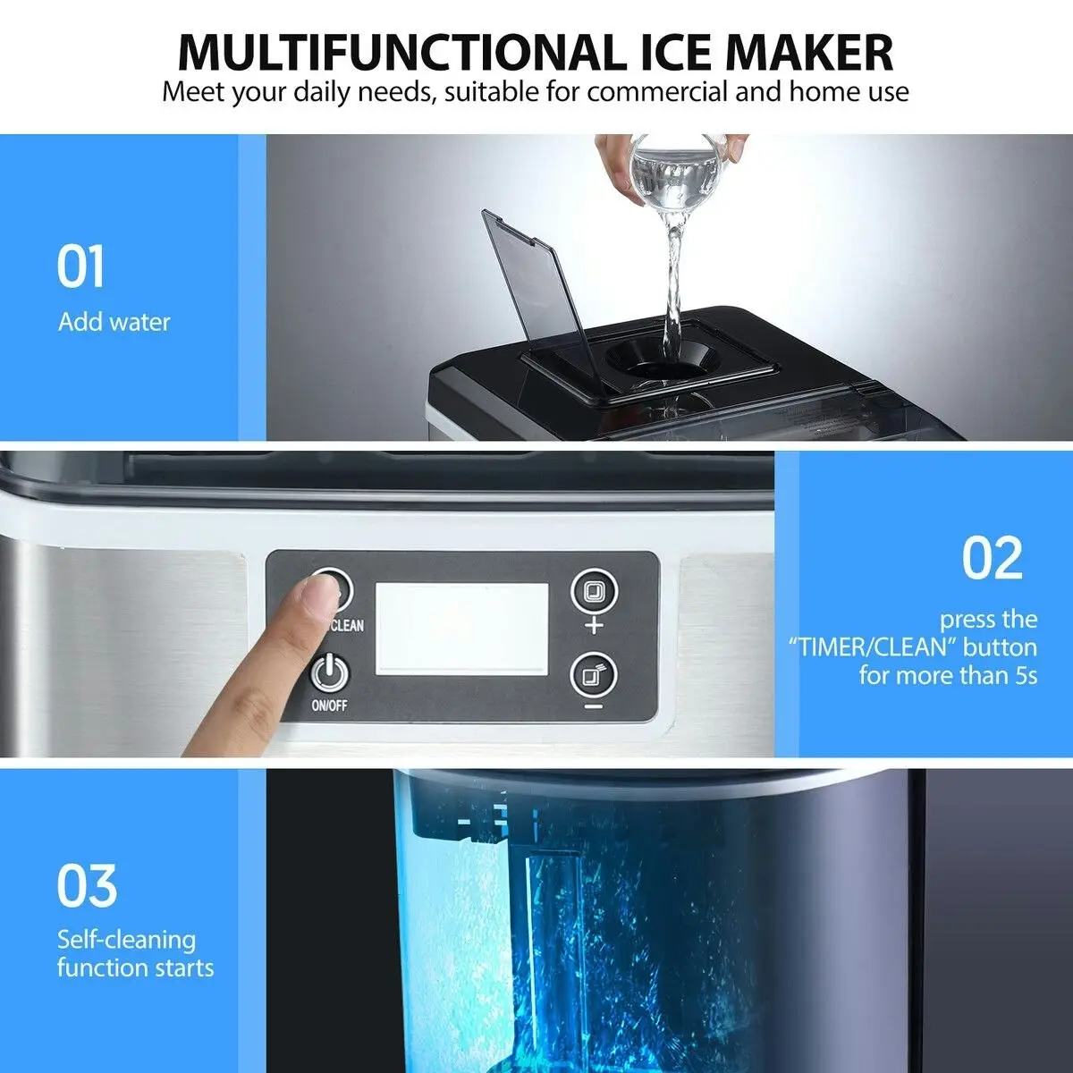 Maxkon 20kg Ice Maker Machine Clear Cube Making Countertop Home Commercial 2 Water Filling Methods Stainless Steel