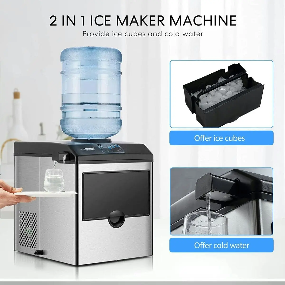 Maxkon 22kg Ice Maker Cold Water Dispenser 2 In 1 Bullet Cube Making Machine Countertop Home Commercial Stainless Steel