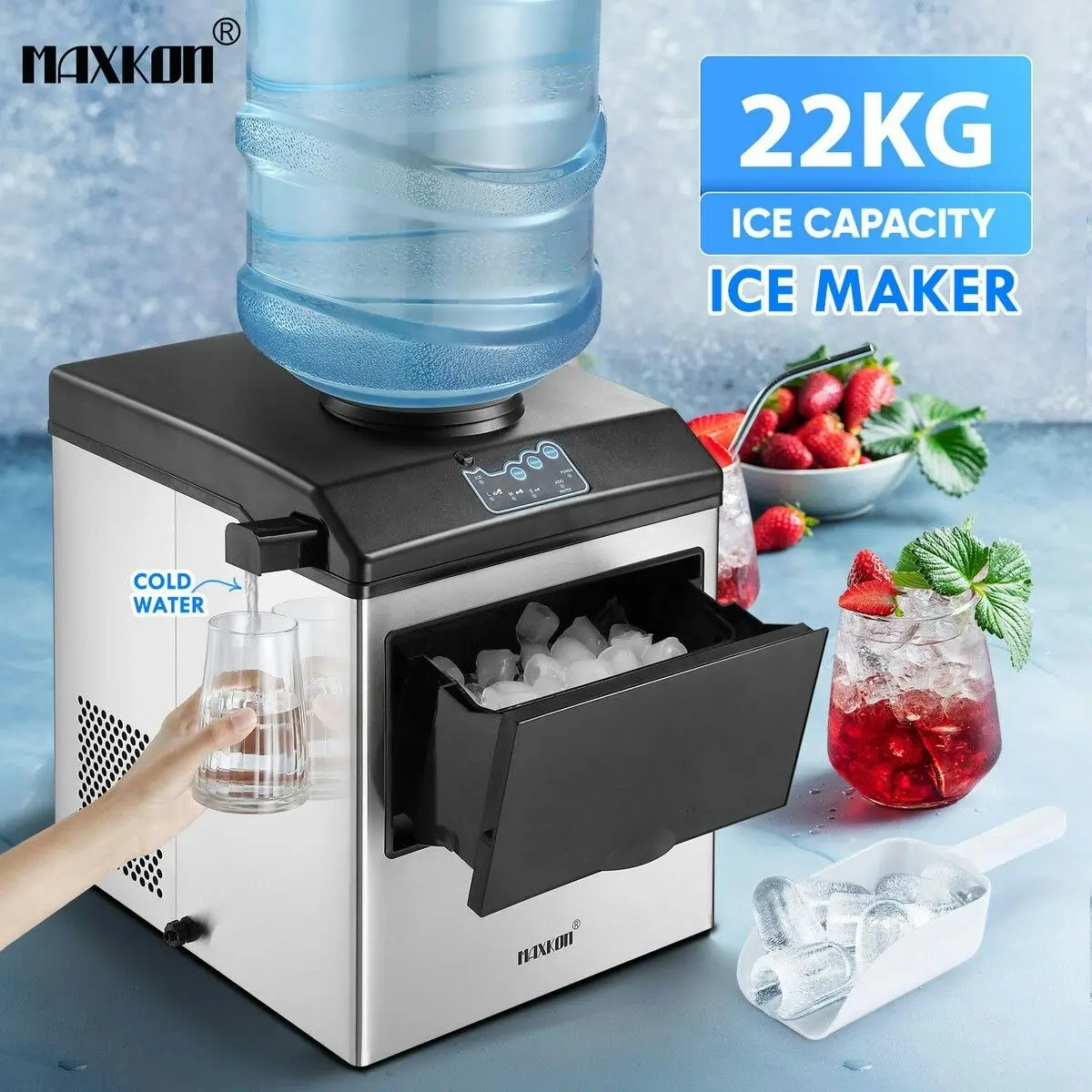 Maxkon 22kg Ice Maker Cold Water Dispenser 2 In 1 Bullet Cube Making Machine Countertop Home Commercial Stainless Steel