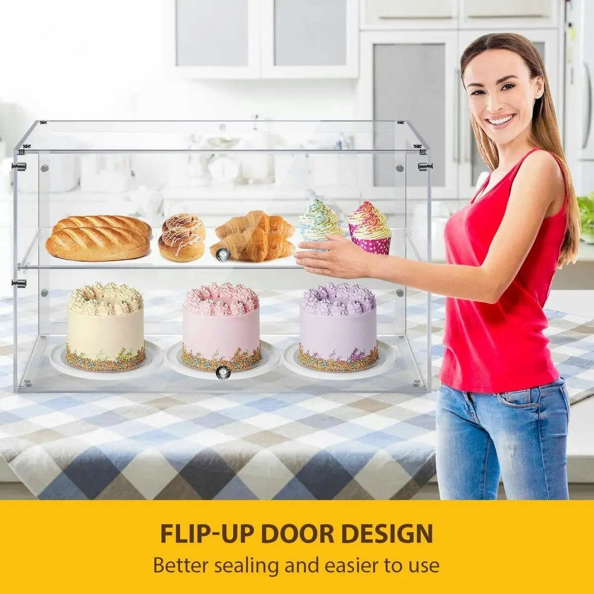 LUXSUITE Cake Cabinet Display Cupcake Shelf 2 Tier Unit Acrylic Bakery Case Stand Muffin Donut Pastry Model Toy Showcase Countertop Flip-up Door 5mm