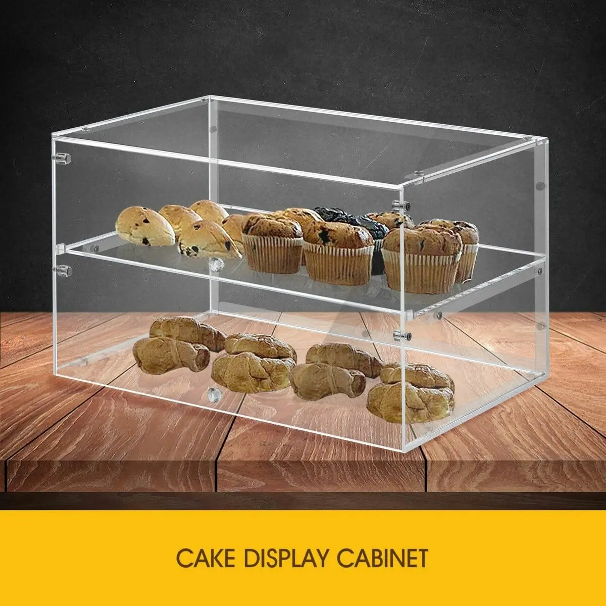 LUXSUITE Cake Cabinet Display Cupcake Shelf 2 Tier Unit Acrylic Bakery Case Stand Muffin Donut Pastry Model Toy Showcase Countertop Flip-up Door 5mm