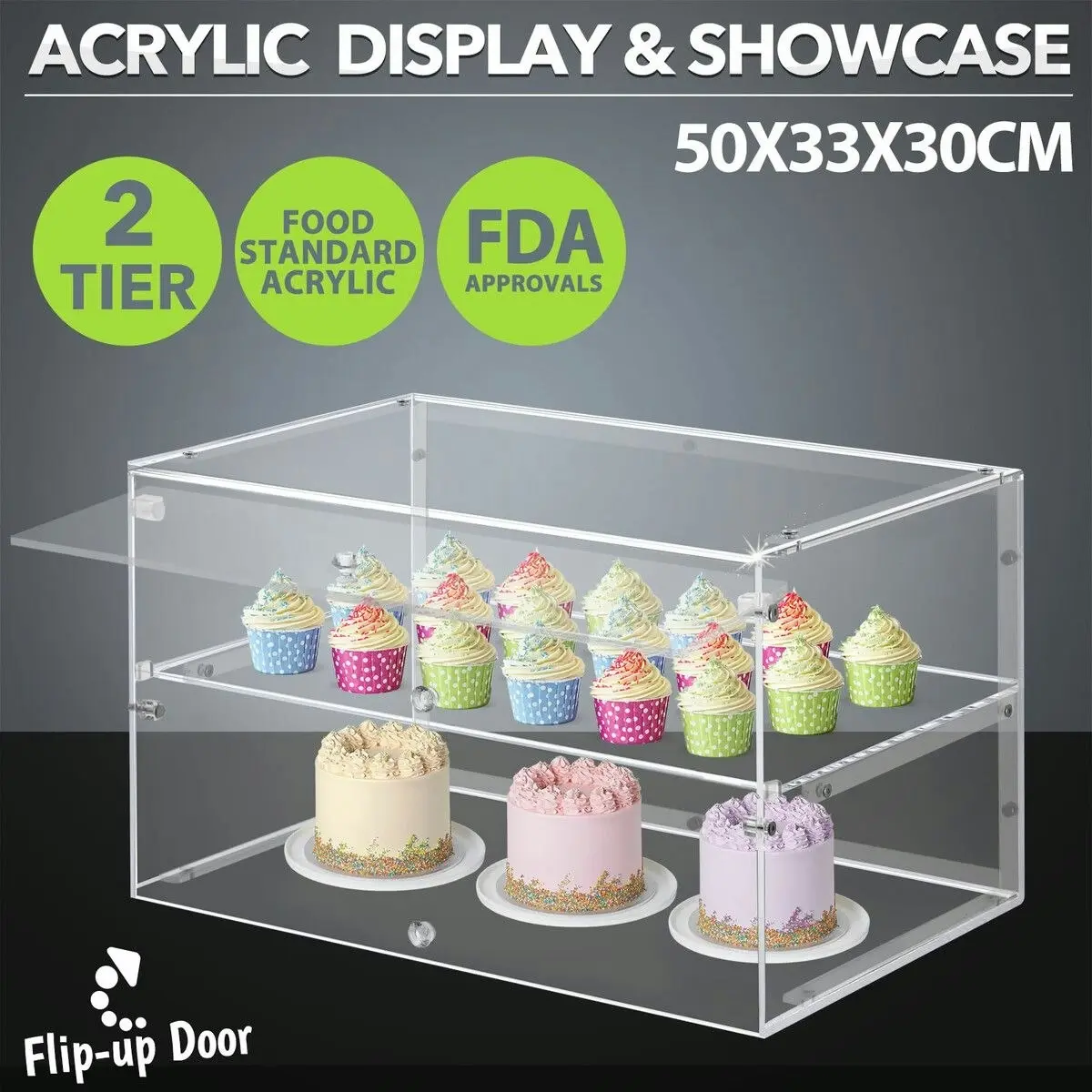 LUXSUITE Cake Cabinet Display Cupcake Shelf 2 Tier Unit Acrylic Bakery Case Stand Muffin Donut Pastry Model Toy Showcase Countertop Flip-up Door 5mm