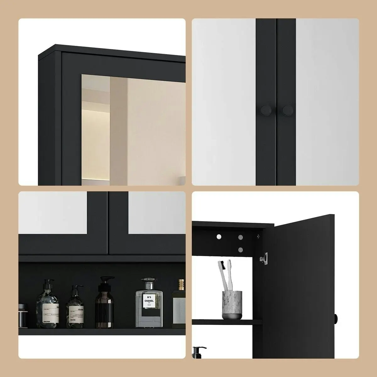 LUXSUITE Bathroom Mirror Cabinet Storage Organiser Shaving Medicine Shaver Wall Cupboard Bath Toilet Shelves Furniture Organizer with 2 Doors Black