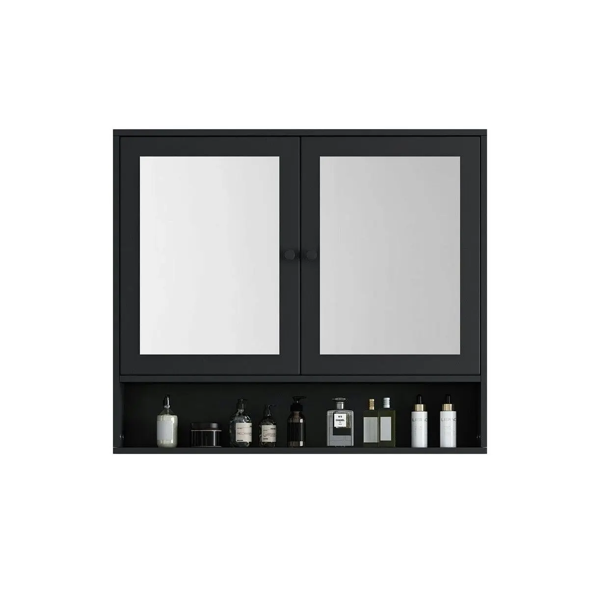 LUXSUITE Bathroom Mirror Cabinet Storage Organiser Shaving Medicine Shaver Wall Cupboard Bath Toilet Shelves Furniture Organizer with 2 Doors Black