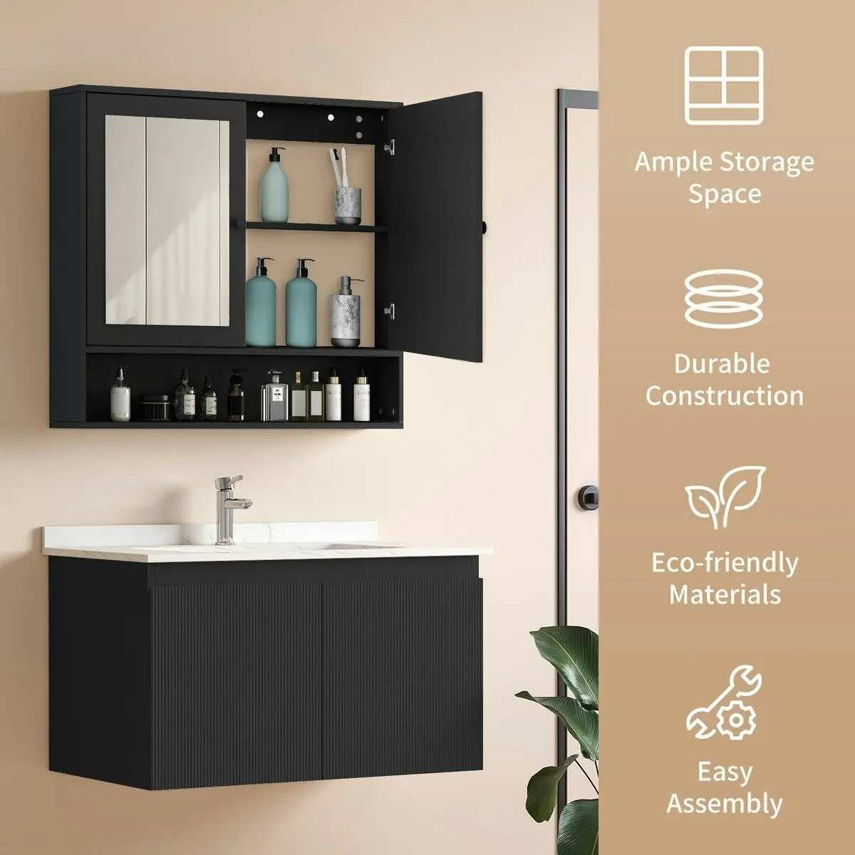 LUXSUITE Bathroom Mirror Cabinet Storage Organiser Shaving Medicine Shaver Wall Cupboard Bath Toilet Shelves Furniture Organizer with 2 Doors Black