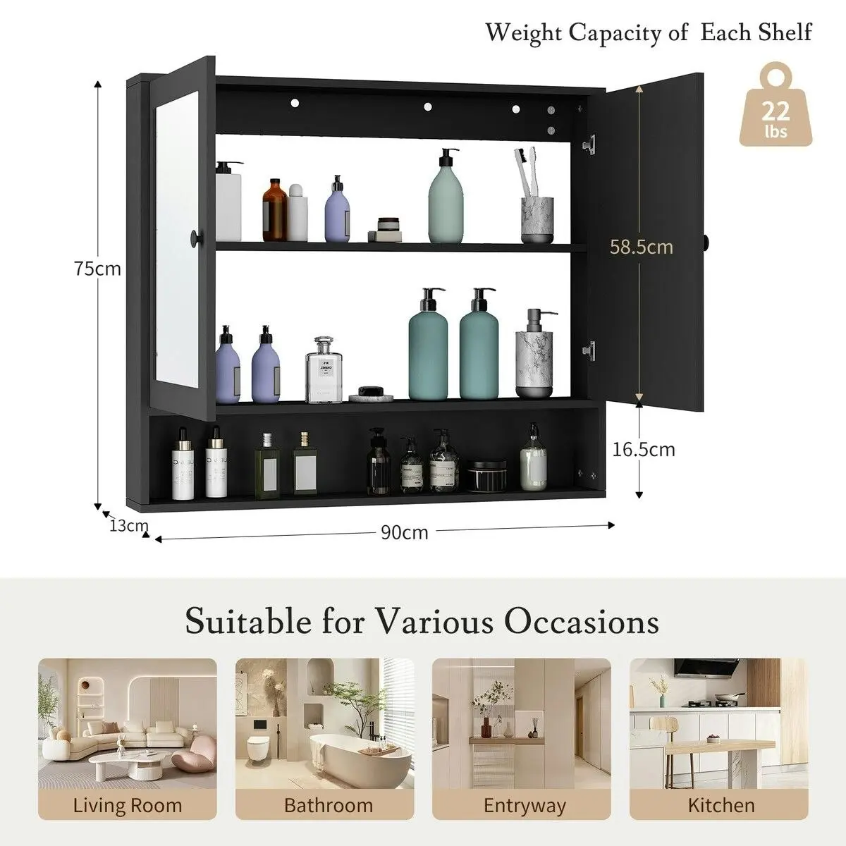 LUXSUITE Bathroom Mirror Cabinet Storage Organiser Shaving Medicine Shaver Wall Cupboard Bath Toilet Shelves Furniture Organizer with 2 Doors Black