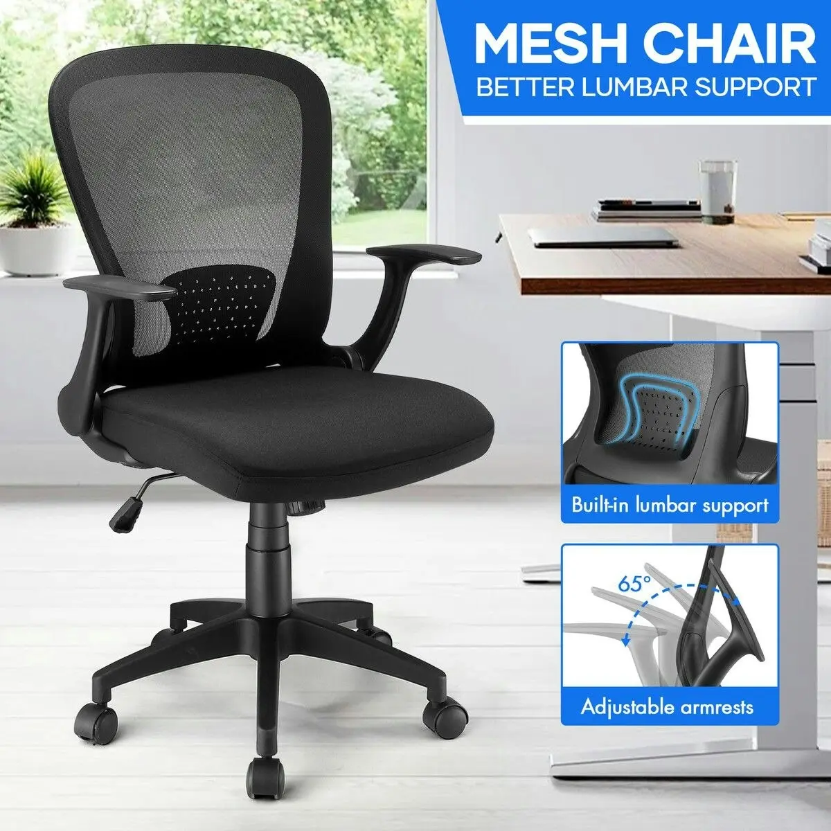 Ausway Mesh Office Chair Ergonomic Gaming Armchair Mid Back Work Study Desk Computer Seat Home Executive Task Swivel Tilt Lumbar Support Armrest Black