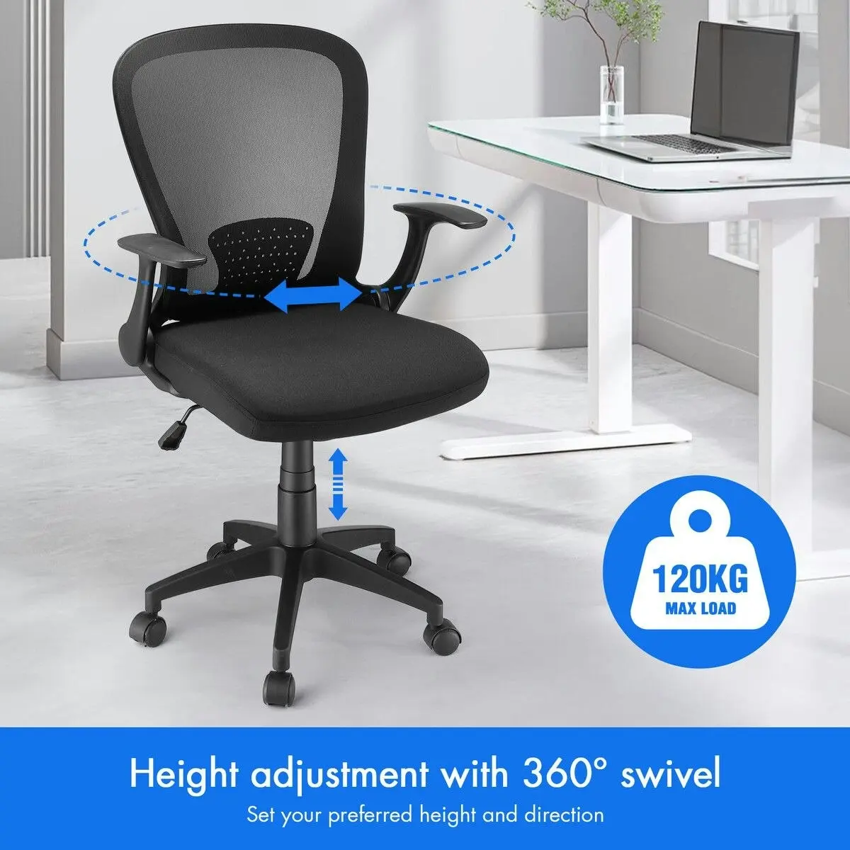 Ausway Mesh Office Chair Ergonomic Gaming Armchair Mid Back Work Study Desk Computer Seat Home Executive Task Swivel Tilt Lumbar Support Armrest Black