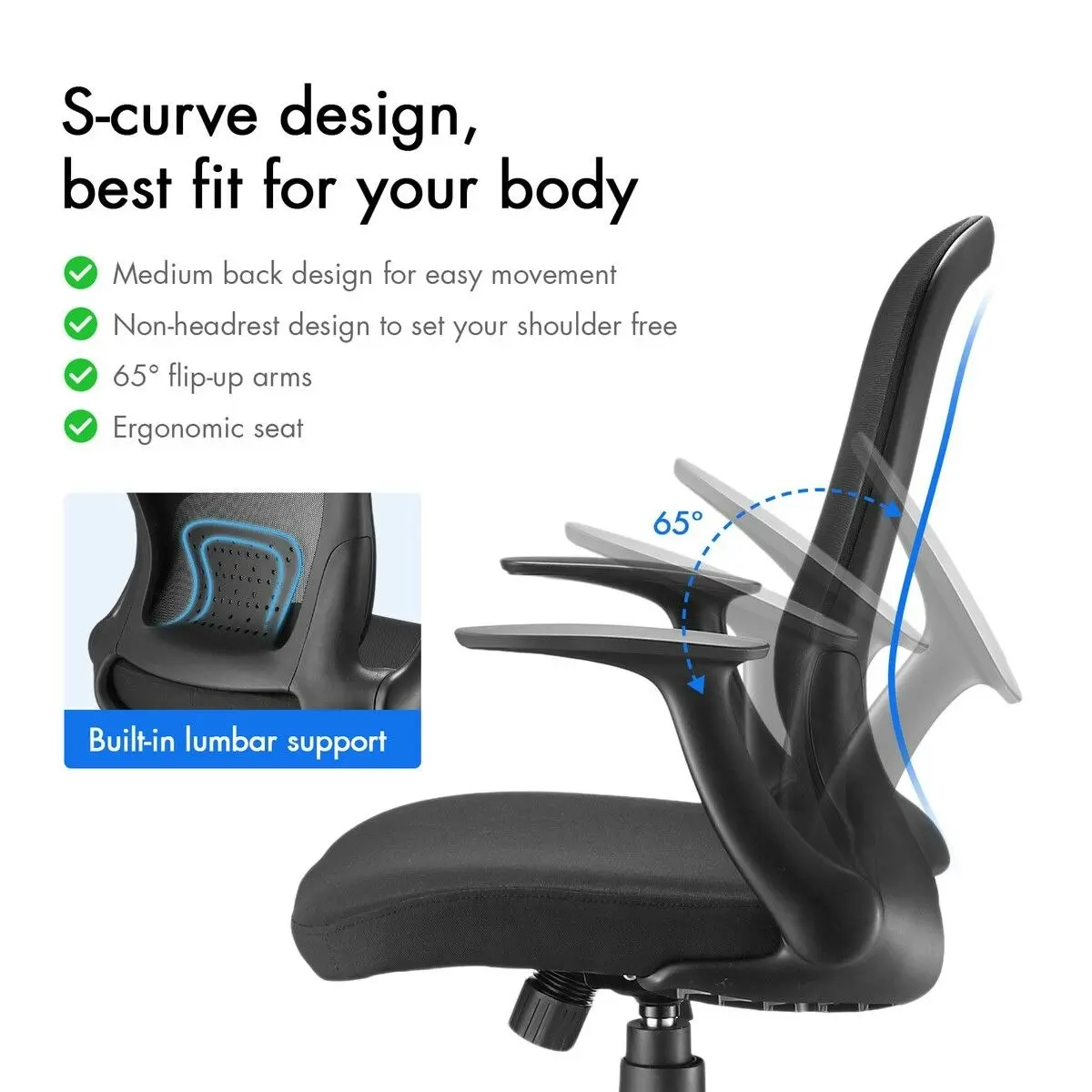 Ausway Mesh Office Chair Ergonomic Gaming Armchair Mid Back Work Study Desk Computer Seat Home Executive Task Swivel Tilt Lumbar Support Armrest Black