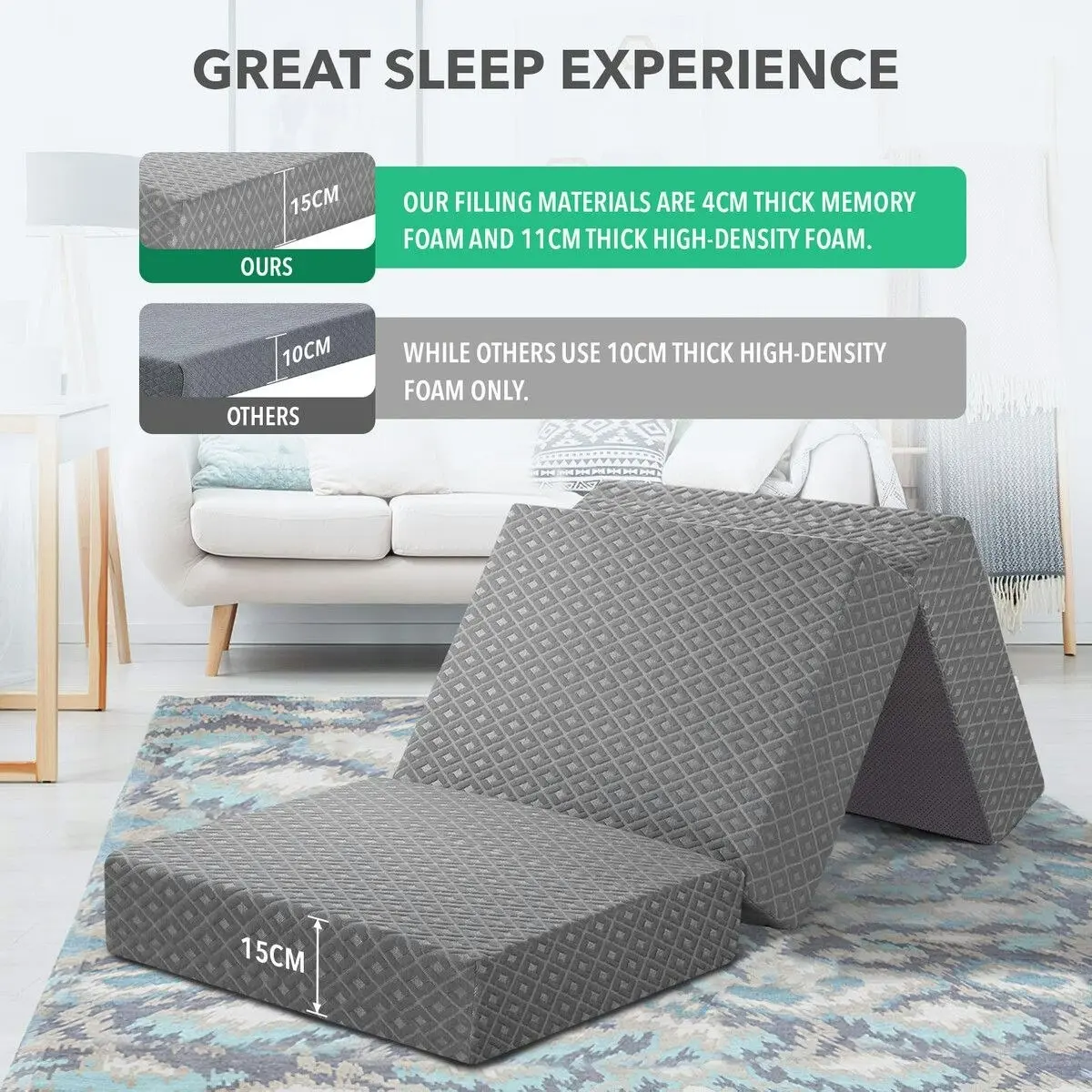 Luxdream Folding Foam Mattress Sleeping Mat Portable Trifold Sofa Bed Camping Floor Extra Thick Cushion Removable Cover