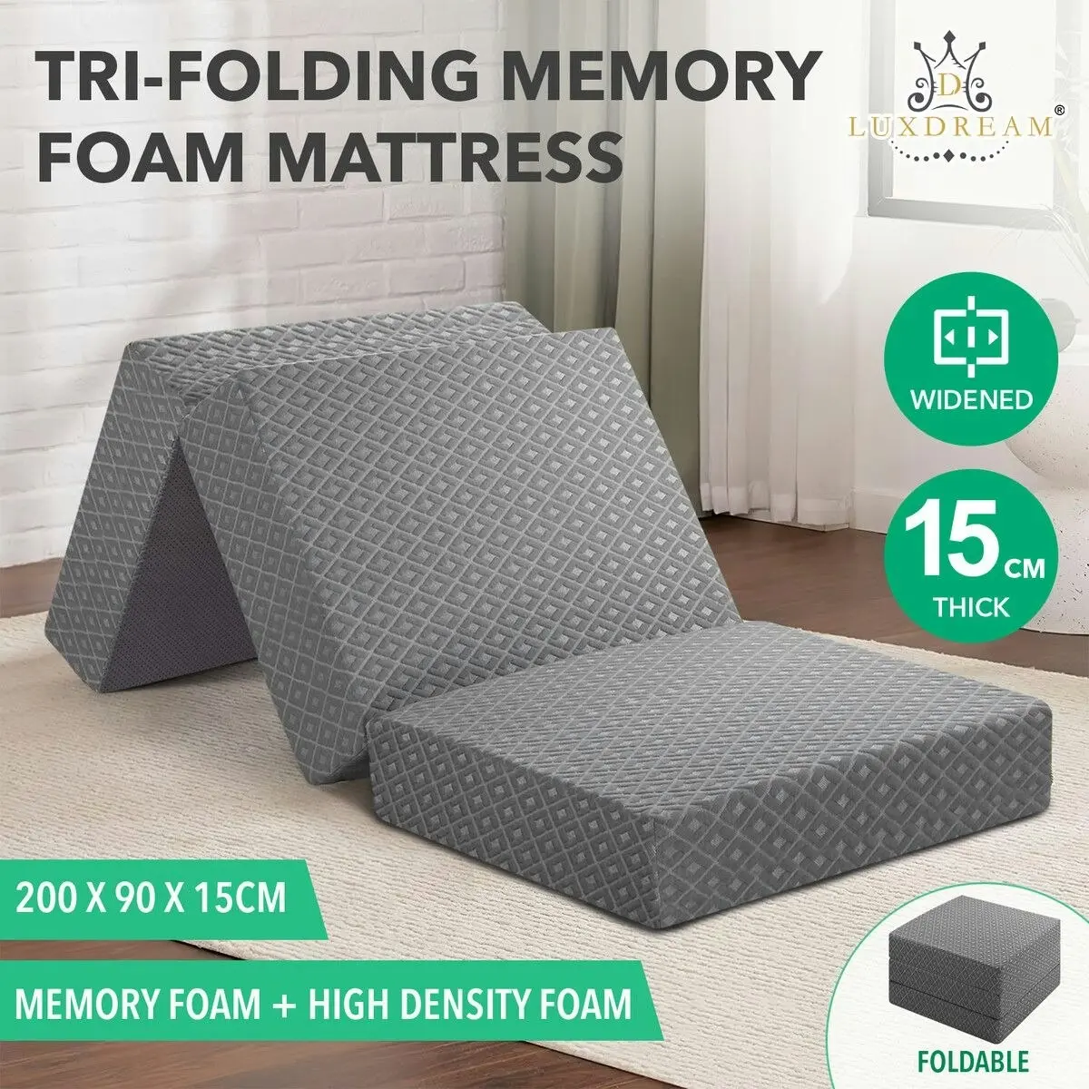 Luxdream Folding Foam Mattress Sleeping Mat Portable Trifold Sofa Bed Camping Floor Extra Thick Cushion Removable Cover