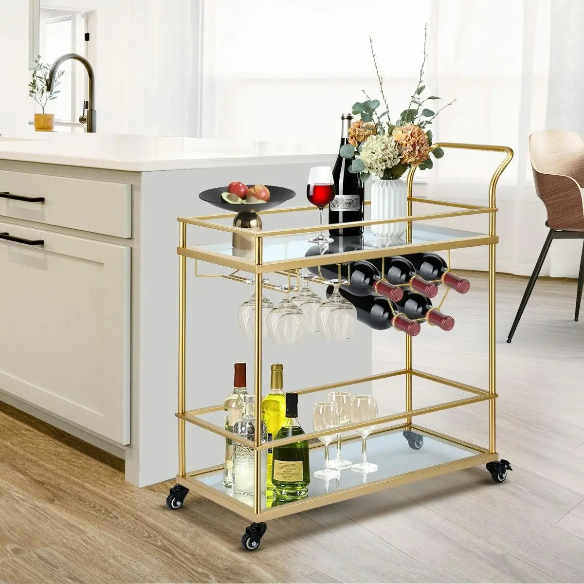 Ausway Bar Cart Gold Drinks Coffee Trolley Serving Liquor Wine Cocktail Alcohol Whiskey Trolly Holder Home Kitchen Rolling Metal Tempered Glass Storage