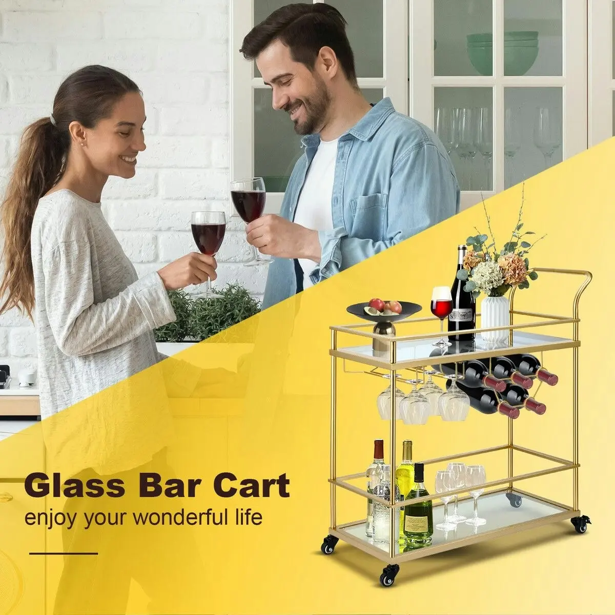 Ausway Bar Cart Gold Drinks Coffee Trolley Serving Liquor Wine Cocktail Alcohol Whiskey Trolly Holder Home Kitchen Rolling Metal Tempered Glass Storage