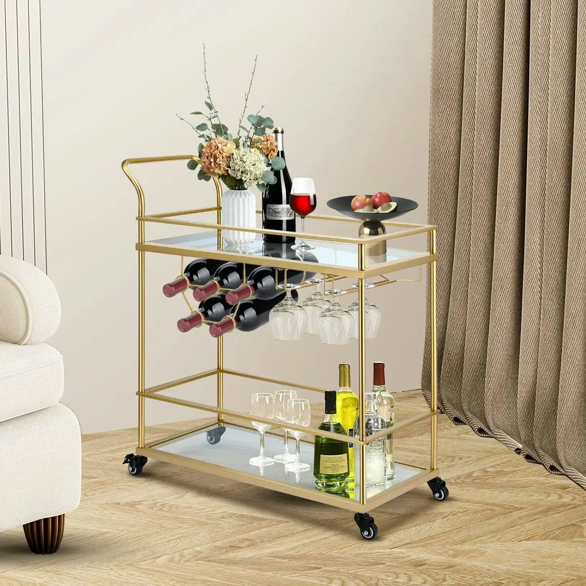 Ausway Bar Cart Gold Drinks Coffee Trolley Serving Liquor Wine Cocktail Alcohol Whiskey Trolly Holder Home Kitchen Rolling Metal Tempered Glass Storage