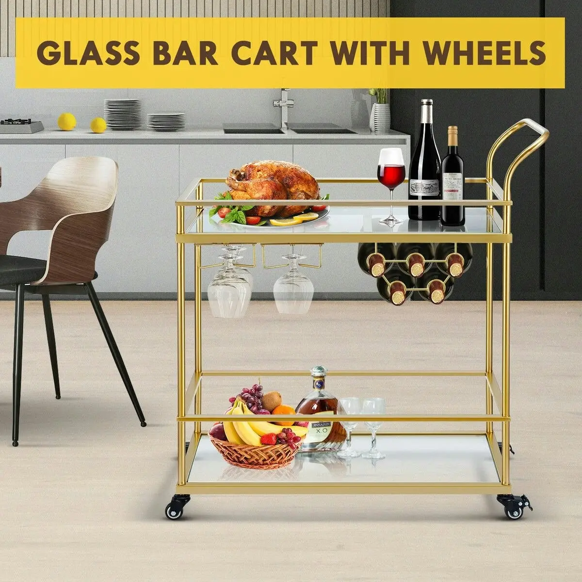 Ausway Bar Cart Gold Drinks Coffee Trolley Serving Liquor Wine Cocktail Alcohol Whiskey Trolly Holder Home Kitchen Rolling Metal Tempered Glass Storage