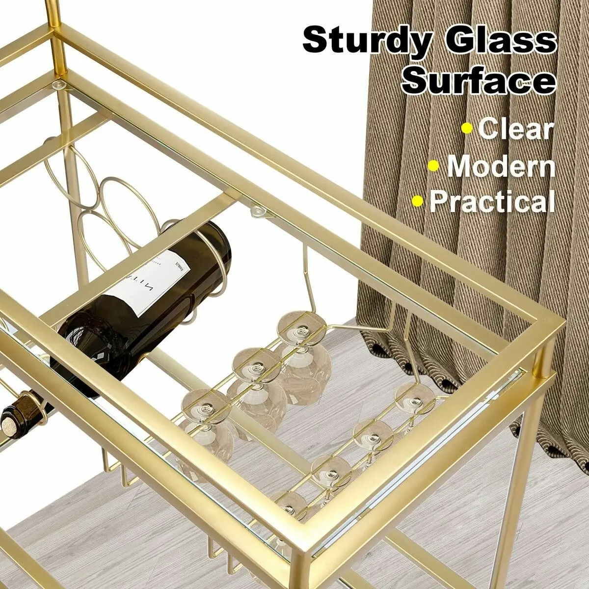 Ausway Bar Cart Gold Drinks Coffee Trolley Serving Liquor Wine Cocktail Alcohol Whiskey Trolly Holder Home Kitchen Rolling Metal Tempered Glass Storage