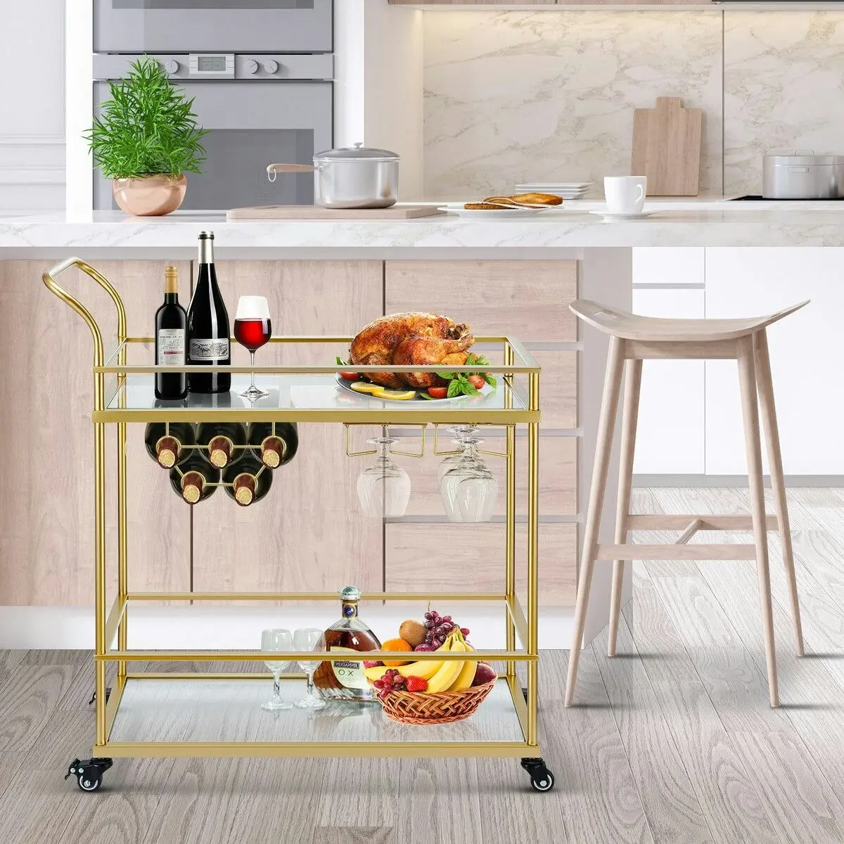 Ausway Bar Cart Gold Drinks Coffee Trolley Serving Liquor Wine Cocktail Alcohol Whiskey Trolly Holder Home Kitchen Rolling Metal Tempered Glass Storage