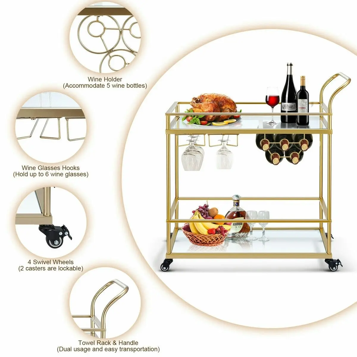 Ausway Bar Cart Gold Drinks Coffee Trolley Serving Liquor Wine Cocktail Alcohol Whiskey Trolly Holder Home Kitchen Rolling Metal Tempered Glass Storage