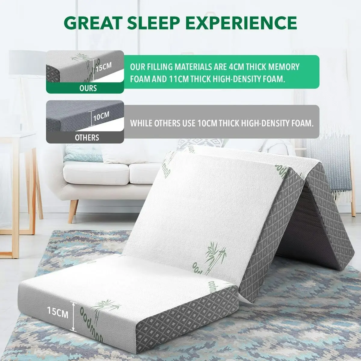 Luxdream Foldable Foam Mattress Cot Trifold Sofa Bed Extra Thick Sleeping Floor Mat Portable Camping Travel Cushion Bamboo Cover