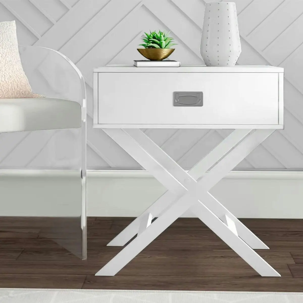 Ausway White Bedside End Table With Drawer Storage Cabinet Modern Small Nightstand Wooden Living Room