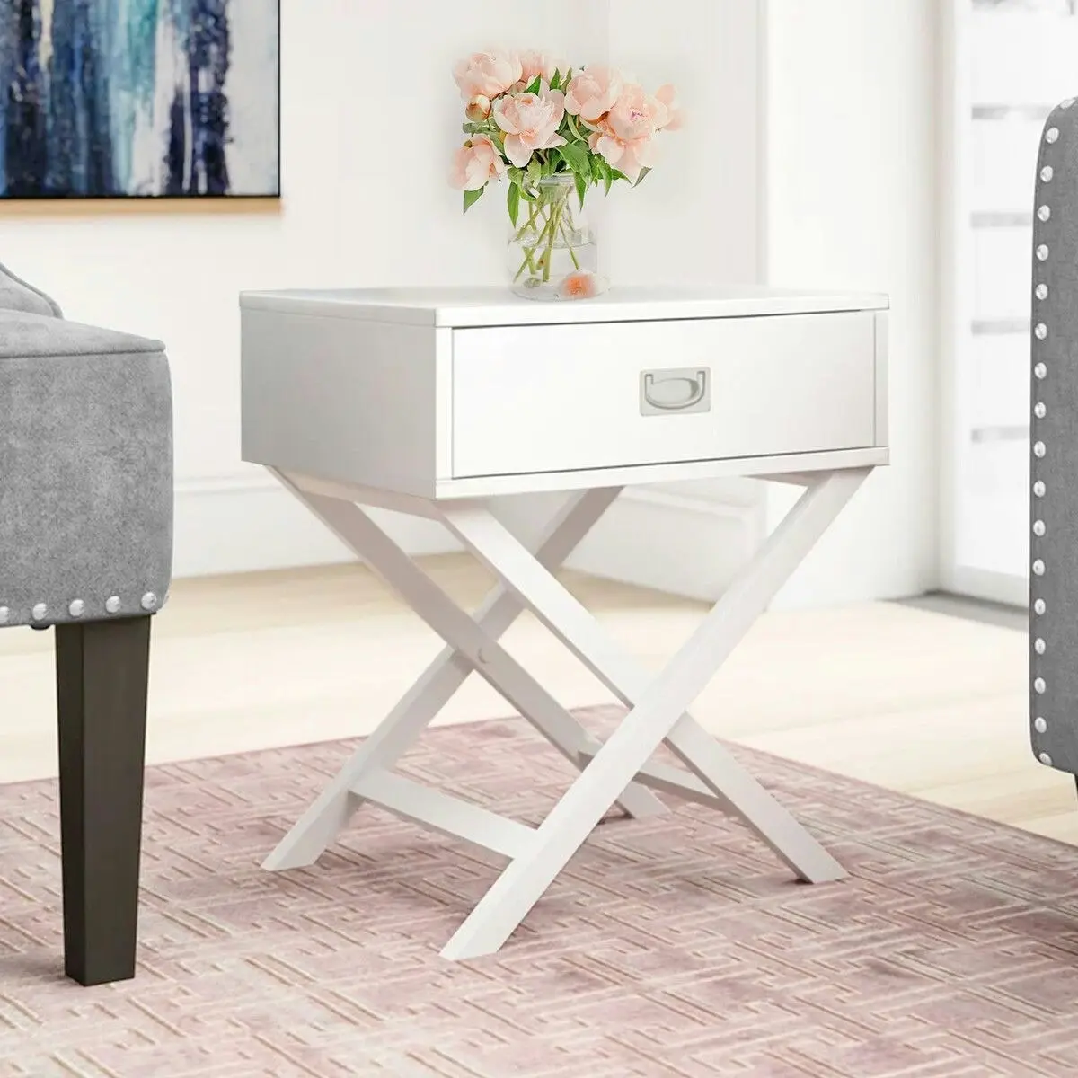 Ausway White Bedside End Table With Drawer Storage Cabinet Modern Small Nightstand Wooden Living Room