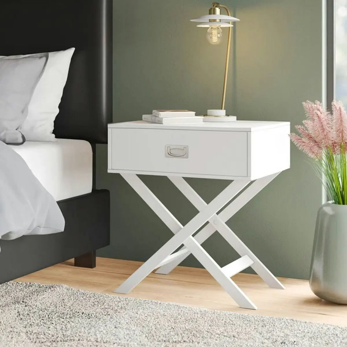 Ausway White Bedside End Table With Drawer Storage Cabinet Modern Small Nightstand Wooden Living Room