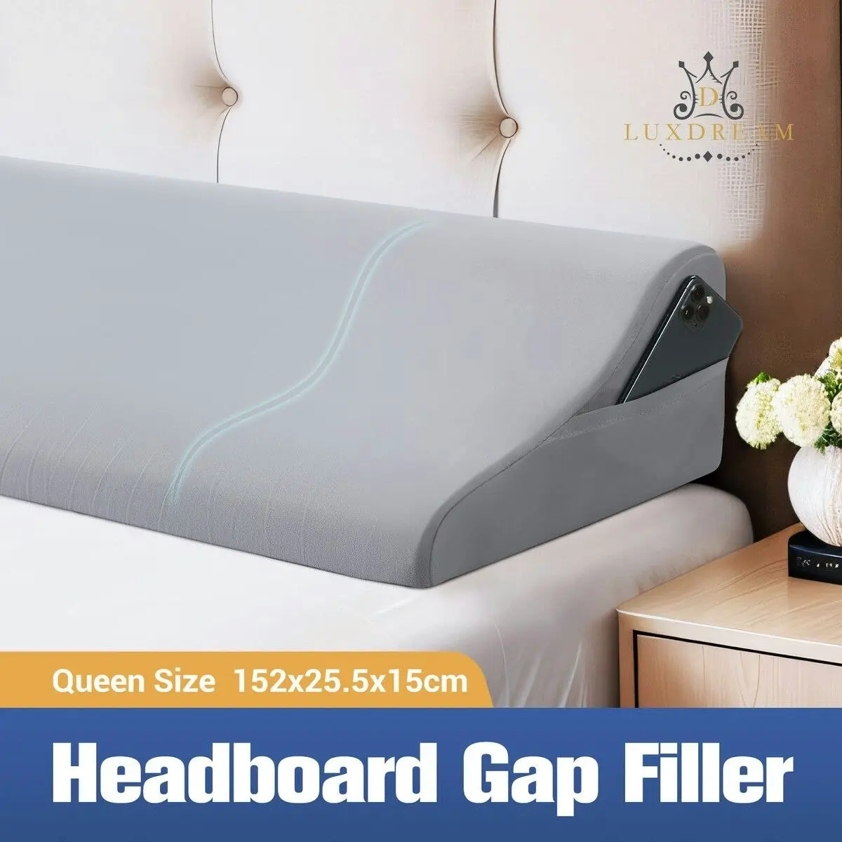 Luxdream Wedge Pillow Bed Gap Filler Queen Size Foam Headboard Cushion Comfortable Bedrest with Side Pockets Grey