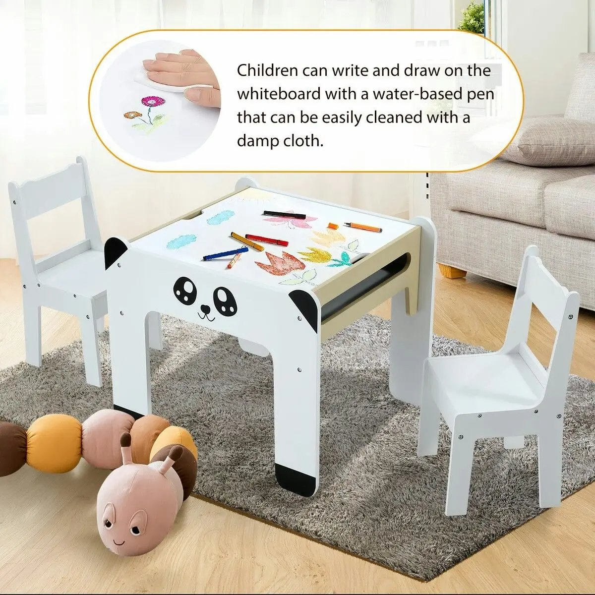 Kidbot Kids Table and 2 Chairs Set Toddler Childrens Desk Furniture Baby Activity Centre Study Drawing Reading Wooden with Storage