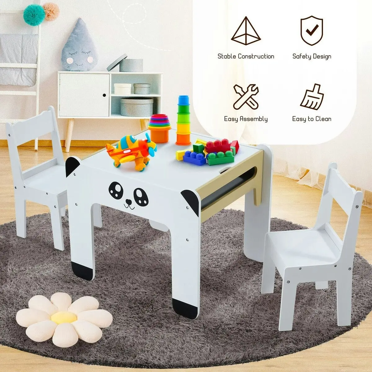 Kidbot Kids Table and 2 Chairs Set Toddler Childrens Desk Furniture Baby Activity Centre Study Drawing Reading Wooden with Storage