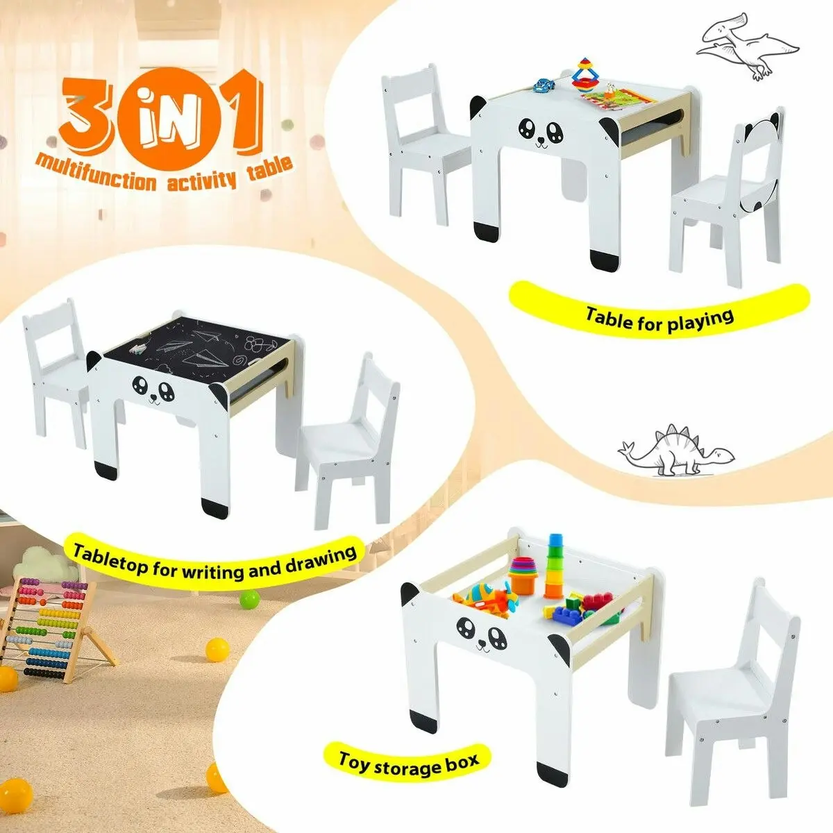 Kidbot Kids Table and 2 Chairs Set Toddler Childrens Desk Furniture Baby Activity Centre Study Drawing Reading Wooden with Storage