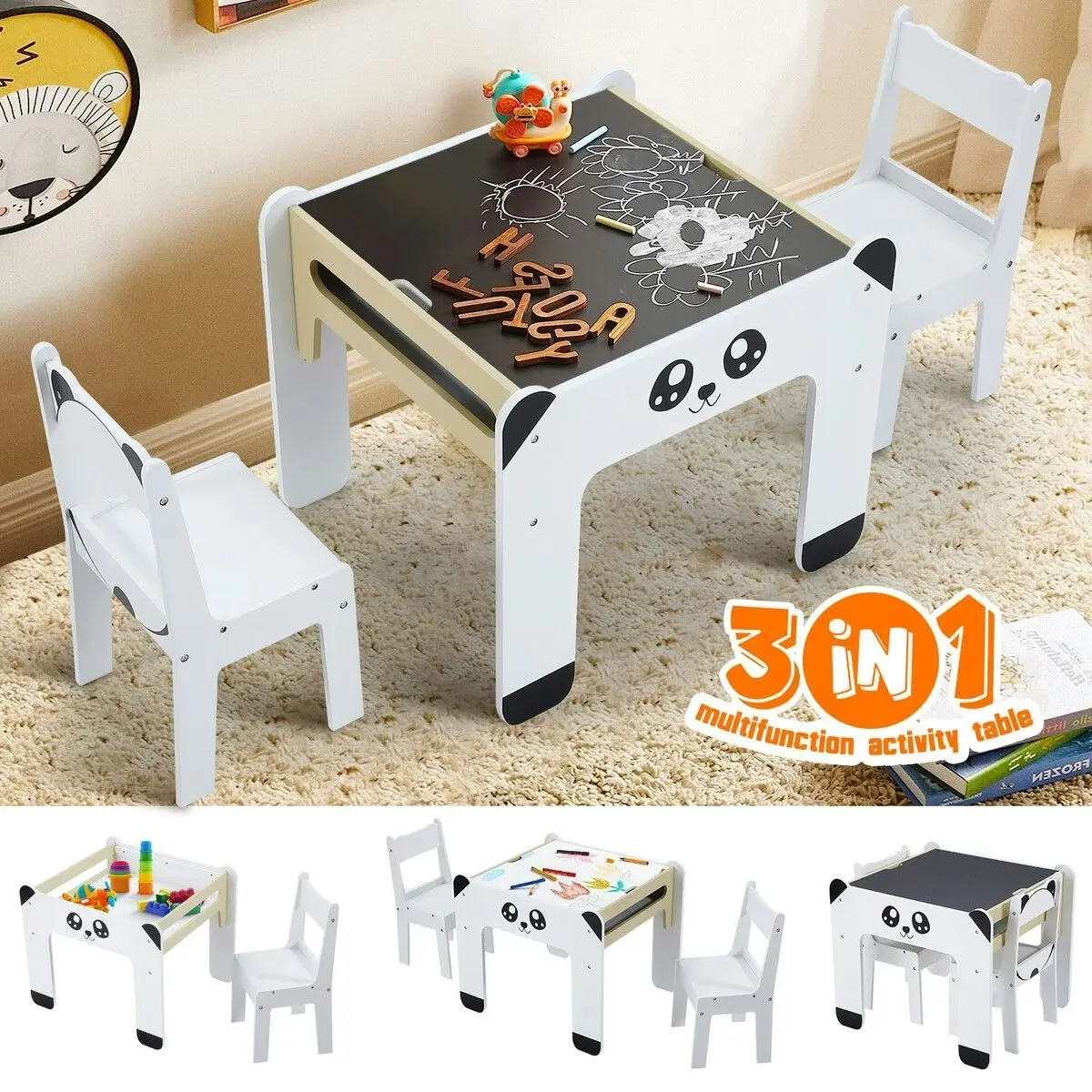 Kidbot Kids Table and 2 Chairs Set Toddler Childrens Desk Furniture Baby Activity Centre Study Drawing Reading Wooden with Storage