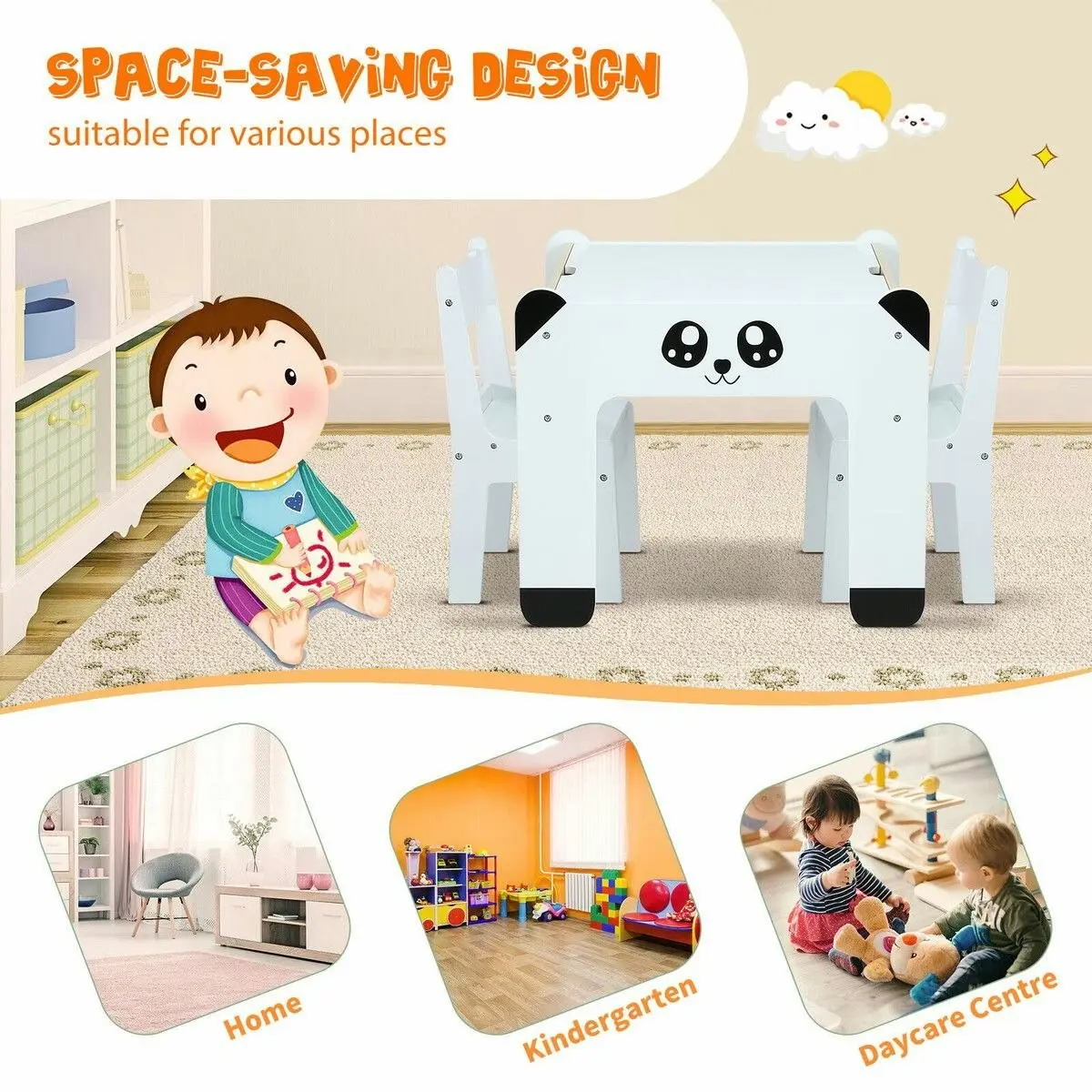 Kidbot Kids Table and 2 Chairs Set Toddler Childrens Desk Furniture Baby Activity Centre Study Drawing Reading Wooden with Storage